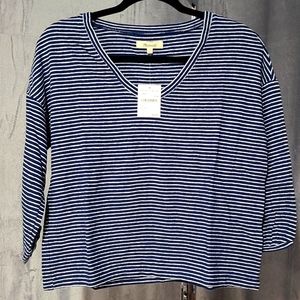 Madewell Navy Blue & White Striped Bubble-Sleeve V-Neck Sweater Size S